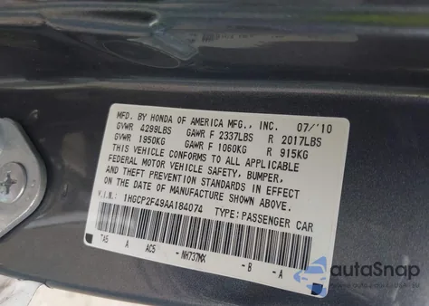 2010 Honda Accord 2.4 Lx-P z USA, uszkodzony, nr VIN 1HGCP2F49AA184074